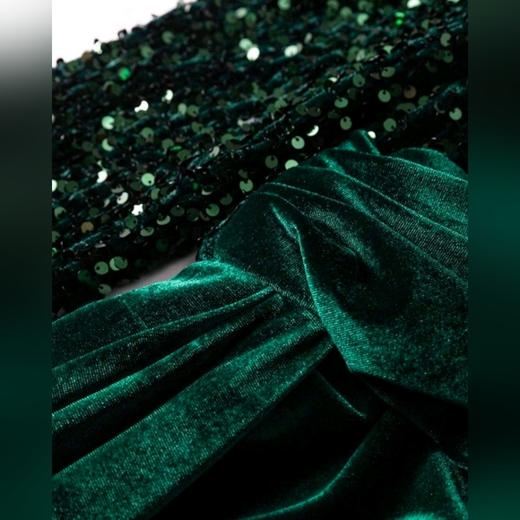 New Luxe Sequin Velvet Long Sleeve Mock Neck Mermaid Maxi Gown Dress Dark Green - Picture 11 of 16